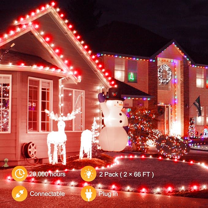 Brightown C9 LED Christmas String Lights 2 Pack Total 132ft 200LED Outdoor Lights String Plug-in Connectable Waterproof Roofline Lights String for Outside Yard Christmas Holiday Decor Red and White