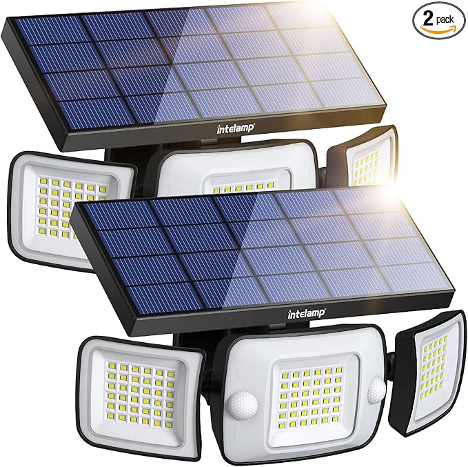intelamp Solar Outdoor Lights6000mAh Motion Sensor with Dual SensorsWaterproof Solar Flood Lights 270°Wide Angle for Outside with 3 Modes