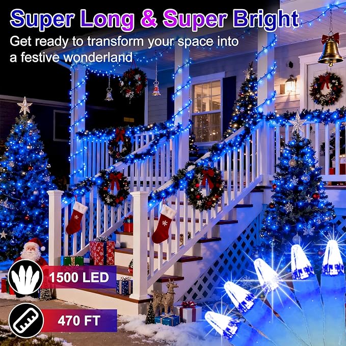 1500 LED 470FT Christmas String Lights Outdoor 12 Pro Modes and Timer Memory &amp Brightness Plug in Waterproof Clear Wire Twinkle Light for for Xmas Yard Tree Wedding Party Decor (Blue)