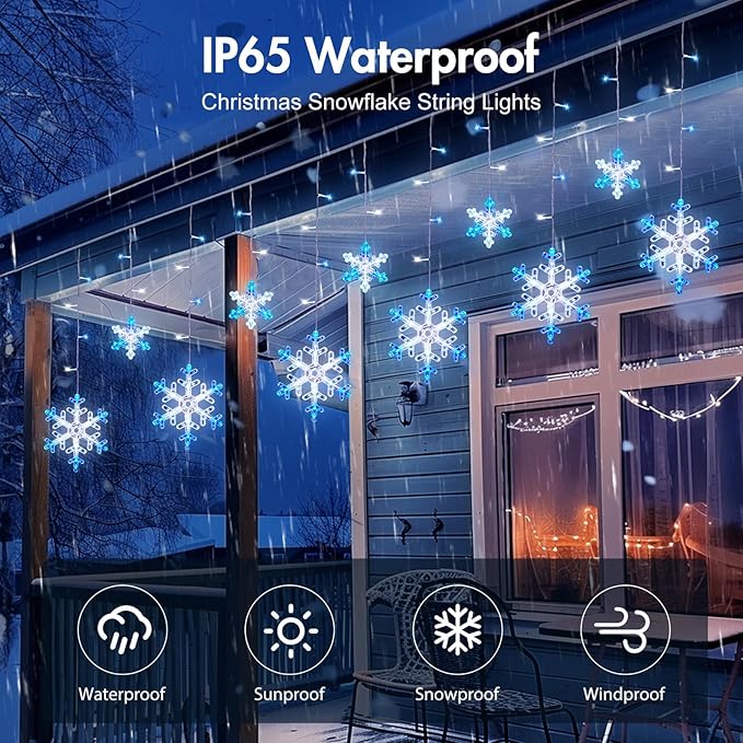 Minetom Christmas Snowflake Lights - 2 Pack 13 ft 192 LED Icicle Lights with 16 Drops 12 Modes and Timer IP65 Waterproof Connectable Christmas Light for House Eave Window Indoor Outdoor Decoration