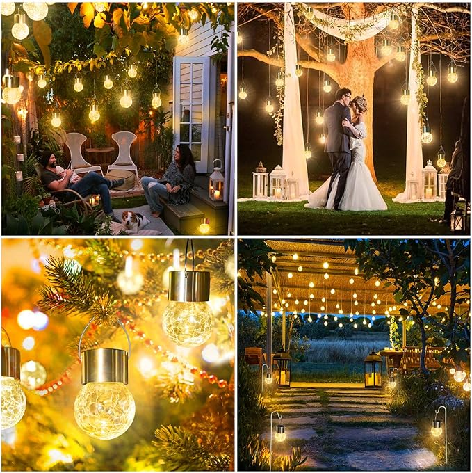 MAXvolador 12-Pack Hanging Solar Lights Decorative Cracked Glass Ball Light Solar Powered Waterproof Globe Lighting for Garden Tree(Warm White)