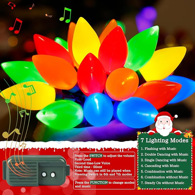 HAYATA Music Christmas Lights 35 LED C9 String Light - Fairy Xmas Decor Lighting for Outdoor Indoor Patio Party Home Wreath Garland Christmas Tree Decoration. (Multi Color)