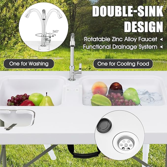 Giantex Fish Cleaning Table w/ 2 Sinks Faucet Hose Hook Up Portable Folding Camping Table w/Measure Mark Outdoor Fillet Cleaning Station for Fishing Beach Picnic (with Sprayer &amp Storage Shelf)