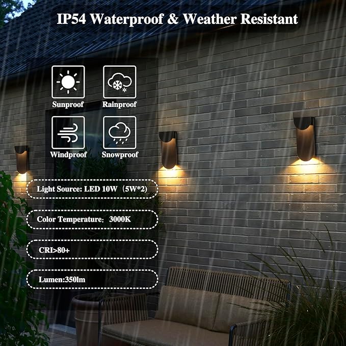 Modern Outdoor Wall Sconce Integrated LED Patio Wall Light Fixture 2-Light Total 8W 3000K Black Sweep Gold Outdoor House Light Wall Mount for Garage Front Porch