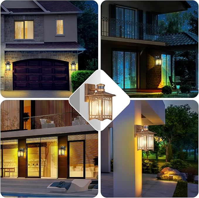 2 Pack Brown Motion Sensor Outdoor Lights Wall Mount - Dusk to Dawn Exterior Light Fixture for Outside House Porch Patio Garage - Waterproof Lantern with Yard Front Motion Detector