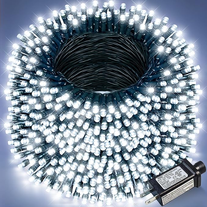 328FT 1000 LED Christmas Lights Plug in White Christmas Tree Lights Outdoor with Timer and 8 Modes Green Wire Waterproof String Lights for Indoor Yard Patio Xmas Holiday Decorations