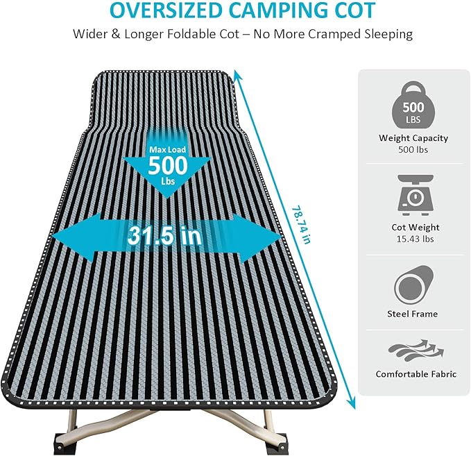 ATORPOK Oversized Camping Cot for Adults Extra Wide 31.5'' Folding Bed with Carry Bag Lightweight 500lbs Support Portable Sleeping Cot for Home Office Camping