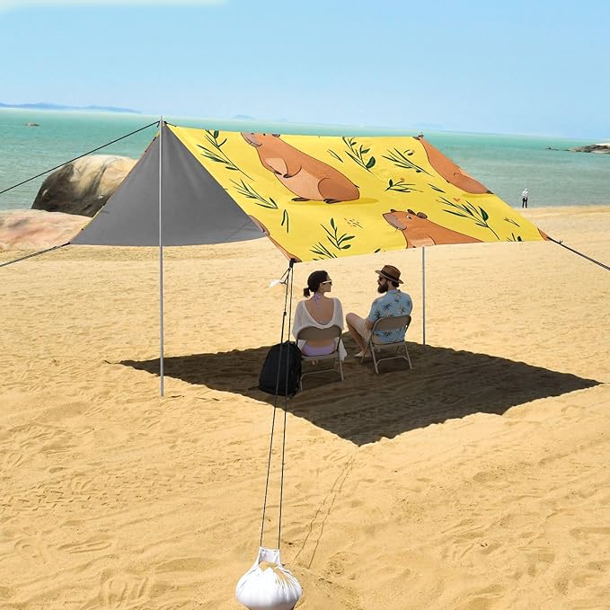 Cartoon Capybaras Grass Camping Sun Shelter Beach Tent Portable Beach Sun Shade Outdoor Canopy for Camping Trips Fishing Picnic