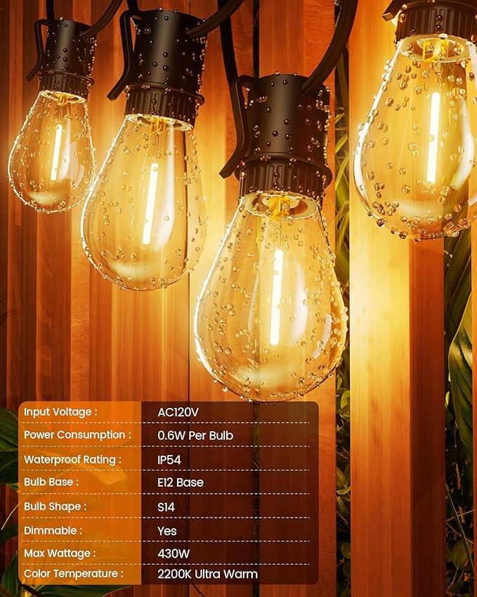 Torkase 150FT Outdoor String Lights LED 45+3 S14 Bulbs Shatterproof IP54 Waterproof Dimmable for Large Outdoor Events Resorts Hotel Lighting - Commercial Grade Connectable