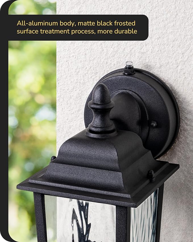 EDISHINE 2 Pack Outdoor Porch Light Dusk to Dawn Exterior Lighting Fixtures Modern Outdoor Wall Lights Fixture Clear Water Ripple Glass Anti-Rust Waterproof for Front Door Garage Patio Black