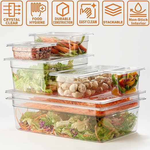 CURTA 6-Pack 1/9 Size 2.5 Deep NSF Polycarbonate Food Pans | Dishwasher &amp Freezer Safe Clear Container for Prep Tables Buffet Salad Bar Commercial &amp Home Kitchen