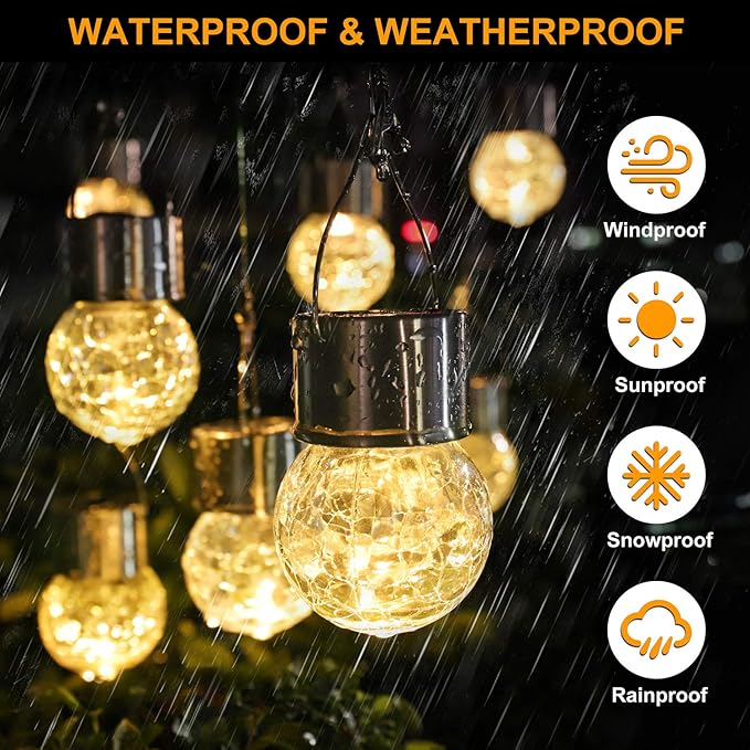 MAXvolador 12-Pack Hanging Solar Lights Decorative Cracked Glass Ball Light Solar Powered Waterproof Globe Lighting for Garden Tree(Warm White)