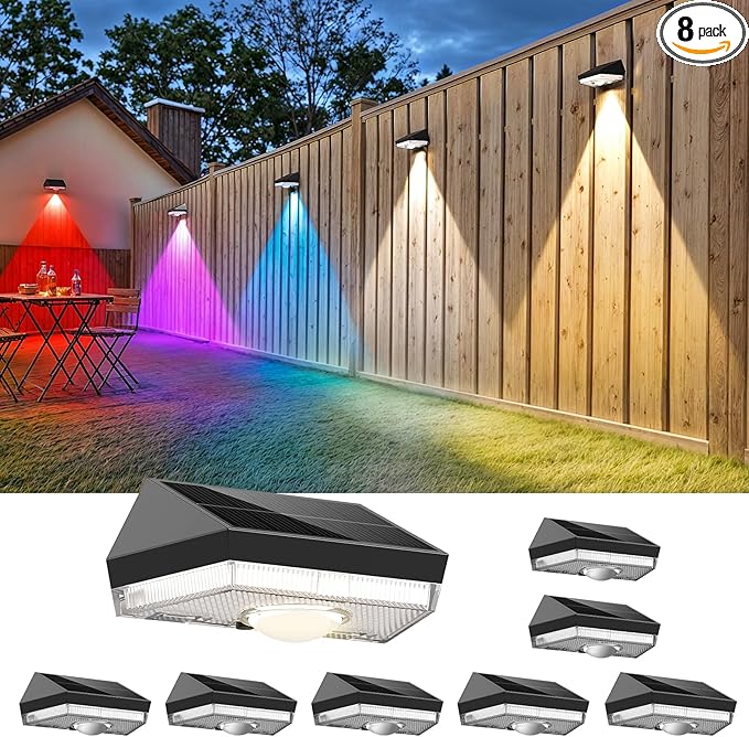 Solar Fence Lights9 Lighting Modes ＆ Color Changing Mode IP65 Waterproof Outdoor Solar Deck Lights for Outside/Patio/Backyard/Wall/Pool/Fence/Railing/Step(8Pack)