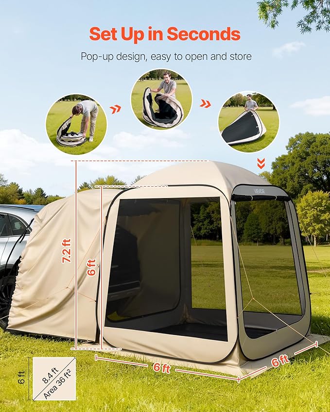 SUV Tailgate Tent VEVOR 6 x 6 ft Pop-Up Screen House Canopy for 4–6 Person Portable Screened Shelter with Carry Bag for Car Camping Backyard Patio Outdoor Activities