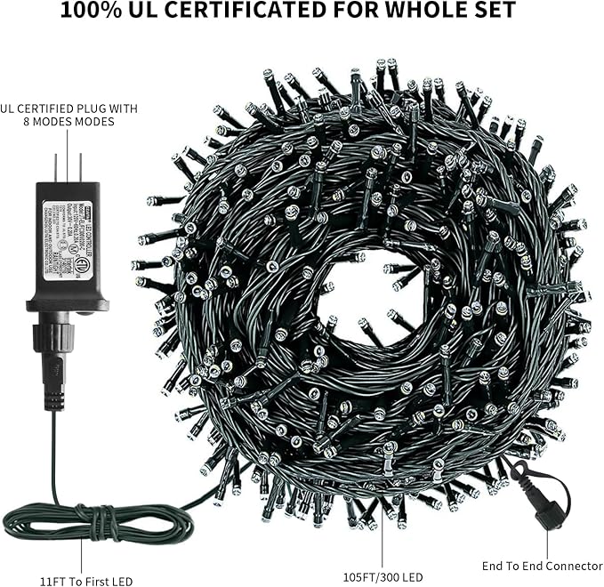 XTF2015 Christmas String Lights 105ft 300 LED Christmas Lights 8 Modes Memory Function &amp Timer- UL Certified - Outdoor Indoor Christma s Fairy Lights for Tree Garden Party Wedding(Red + White)