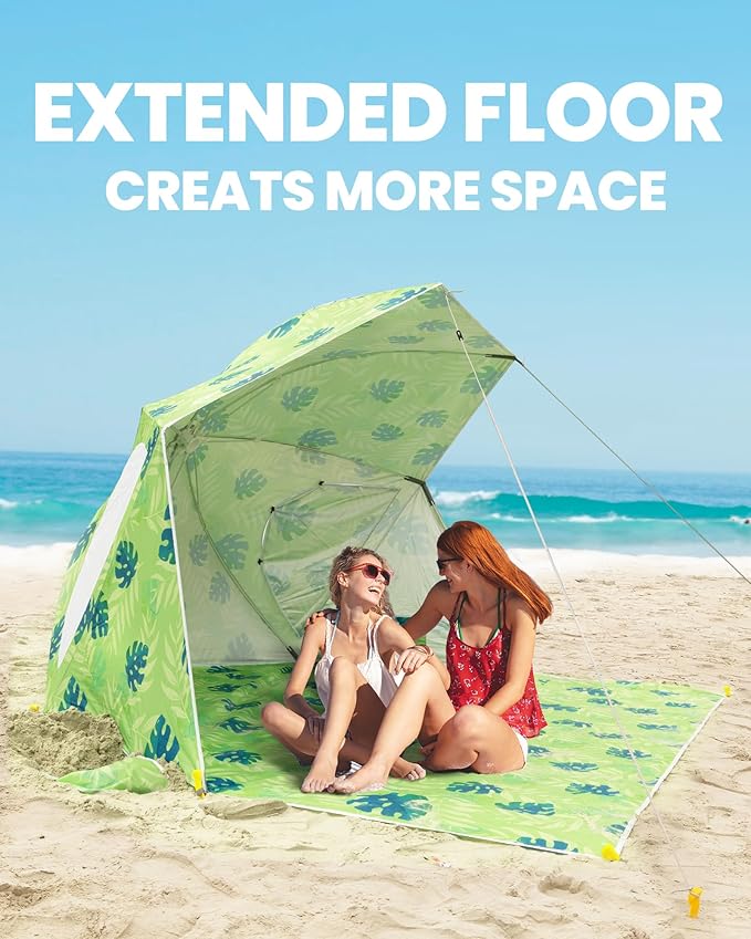 OutdoorMaster Pop Up Beach Umbrella Portable Beach Tent Shelter Beach Shade Sun Canopy with UPF 50+ UV Protection Extendable Floor with Carrying Bag