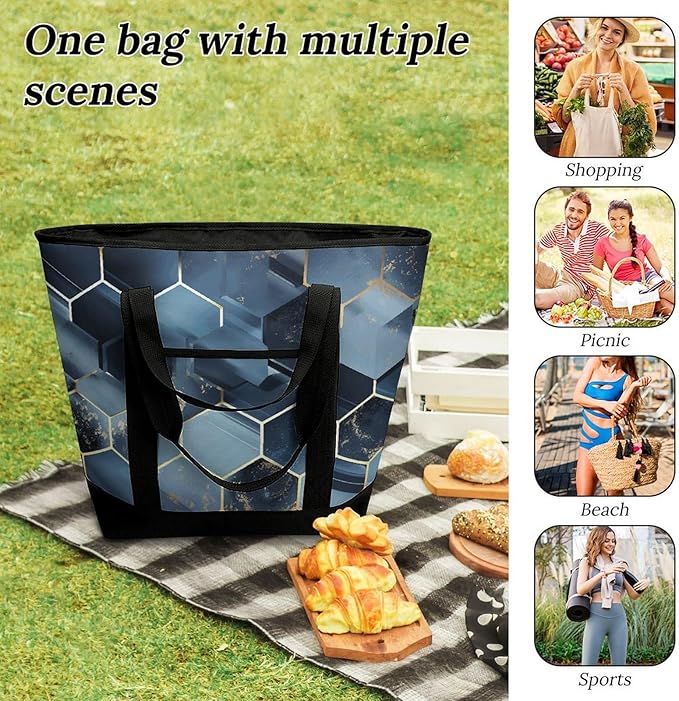Insulated Shopping BagLarge Reusable Cooler Bags Blue Hexagons And Diamonds Printed Foldable Shopping BagTravel Waterproof Shoulder Bag