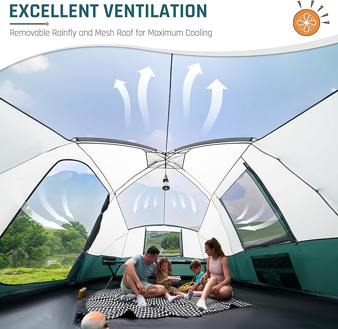 8/10/11 Person Camping Tent with Porch Large Family Tents for Camping PU1000MM Waterproof Tent with 5 Mesh Windows Removable Rainfly Reflective Windproof Rope Big Dome Tent Fits 3 Queen Airbeds