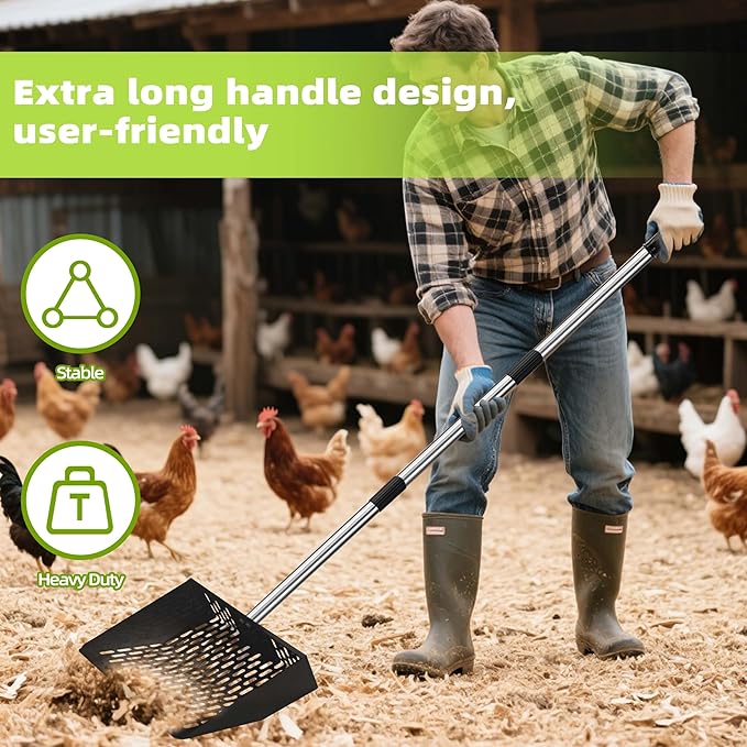 Jusoney Heavy-Duty Chicken Poop Scooper with 4-in-1 Adjustable Handle (35-61) - Sturdy Stainless Steel and Iron Construction for Large Chicken Coop - Ergonomic Design &amp Easy Cleaning