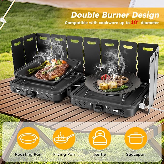 2 Burner Propane Camping Stove 17200 BTU Adjustable Burners Foldable Propane Camp Stove with Grill &amp Windscreen Double Burner Portable Folding Gas Stove with Carry Bag for Outdoor Camping BBQ