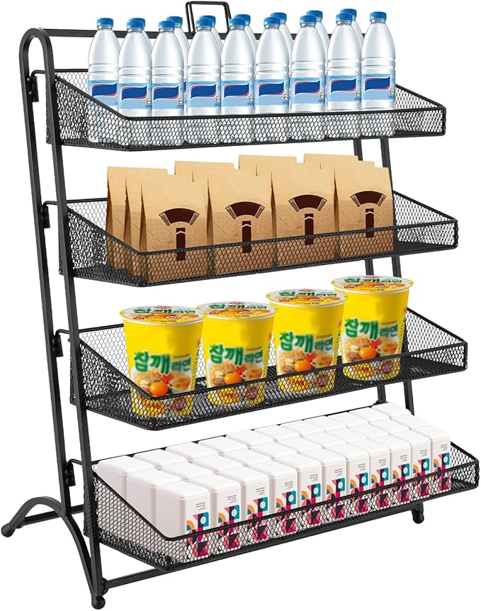 4 Tier Snack Organizer Candy Display Rack for Countertop Snack Display for Counter Portable Chip Rack Metal Snack Shelf for Retail Stores Kitchen Office (Black)