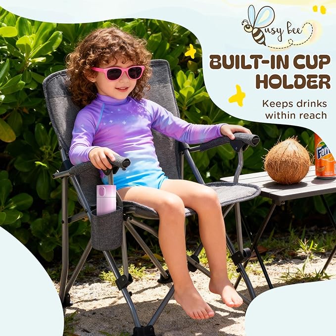Busy Bee Oversized Kids Camping Chair with Cup Holder High Back Toddler Chair Kids Folding Chair Perfect for Beach &amp Outdoor Supports 150 Lbs.