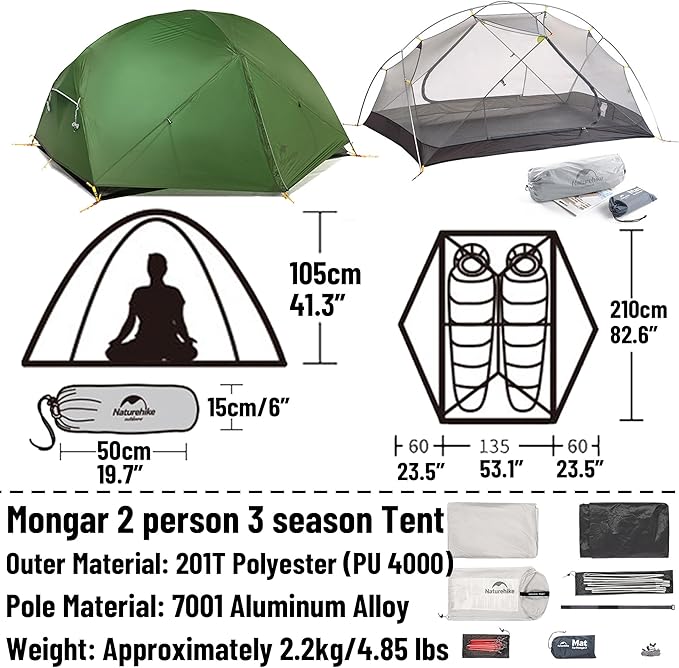 Naturehike Mongar UL Tent [2025 Upgrade] - 1-2 Person Ultralight 3 Season Camping Tent Waterproof One Person Two Person Backpacking Tent for Hiking Cycling Easy Setup