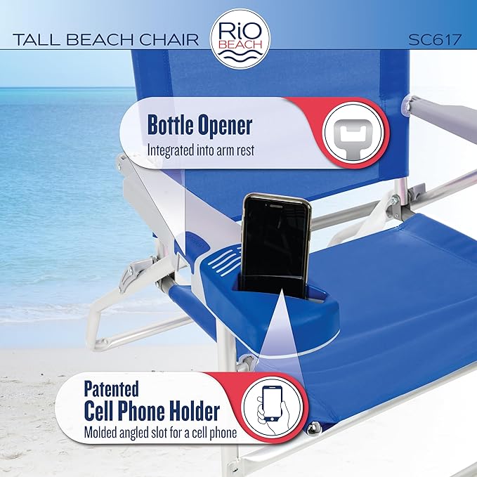 Rio Beach 2-Pack 17 Extended Height 4-Position Folding Beach Chair Blue/White