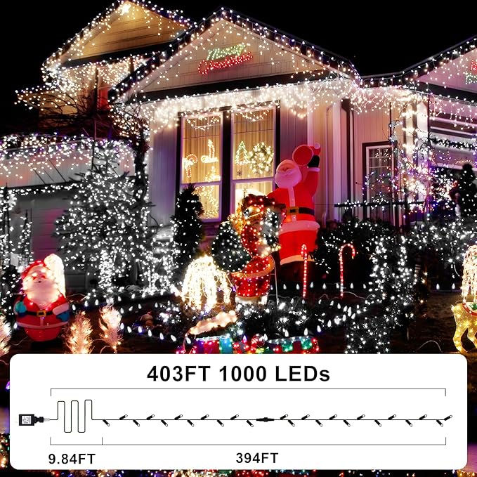 KNONEW 403FT 1000 LED Christmas Lights Outdoor String Light 8 Modes &amp Timer Fairy Lighting Plug in Waterproof for Xmas Yard Tree Wedding Party Holiday Decorations (Cool White)