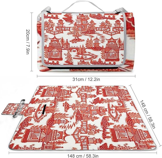 Blue and White Chinese Folk Chinoiserie Style Waterproof Outdoor Picnic Blanket Sandproof Beach Mat for Camping Hiking Grass Travelling
