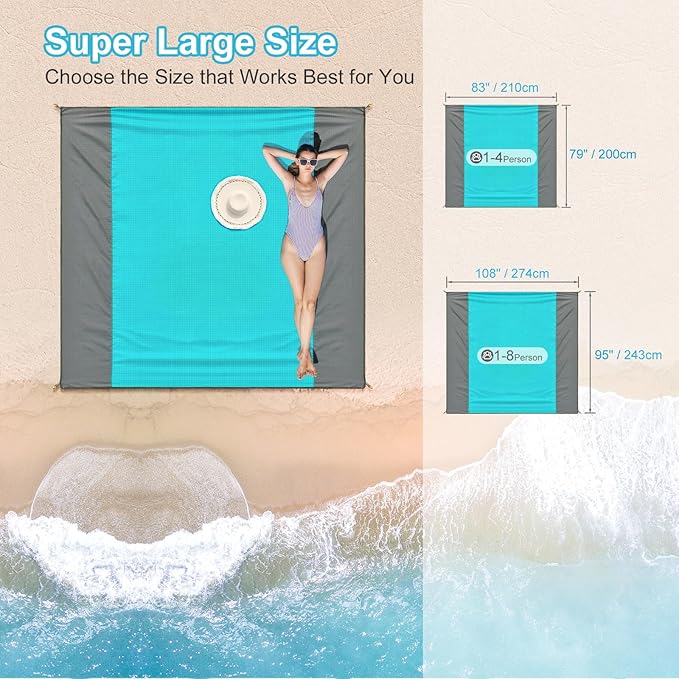 ISOPHO Beach Blanket 79''×83'' Picnic Blankets Waterproof Sandproof for 4-7 Adults Oversized Lightweight Beach Mat Portable Picnic Mat Sand Proof Mat for Travel Camping Hiking Packable w/Bag