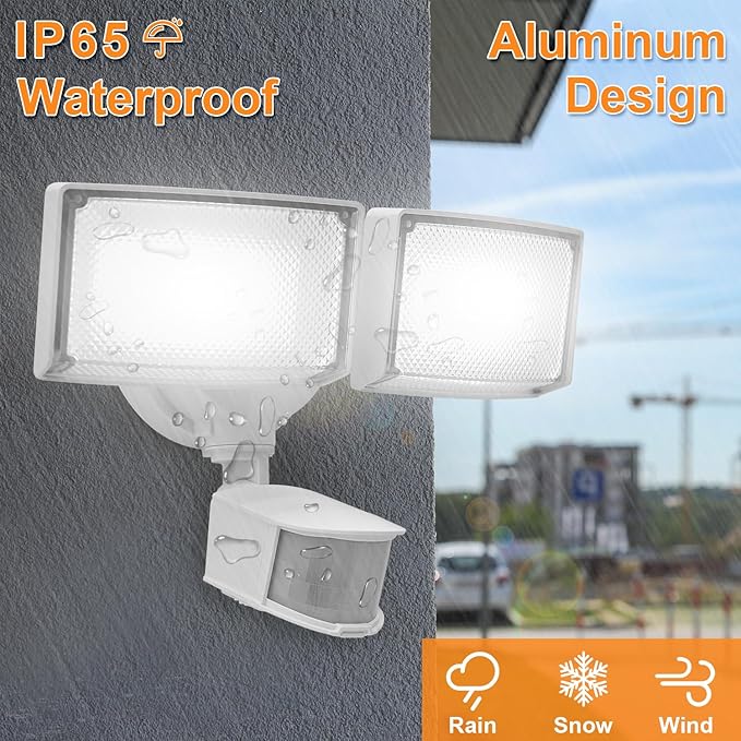 40W 4000 Lumen LED Security Lights with Motion Sensor Outdoor 3000K/5000K Light IP65 Waterproof Dusk to Dawn Dual-Head Motion Detected Flood Wall Light for Garage Yard Porch (White)