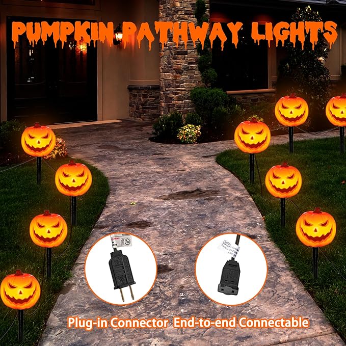 SUNSGNE Halloween Pathway Lights Set of 4 Halloween Pumpkin Stake Lights with 5 C7 LED Light Bulbs(1 Spare) Connectable Pumpkin Light for Path Walkway Driveway Garden Decorations