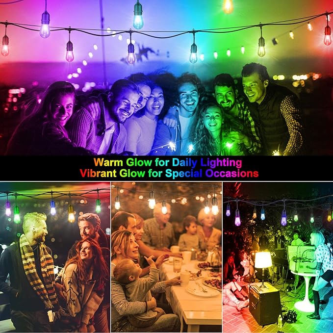 Mlambert 48FT Outdoor Patio Lights Waterproof Dimmable with Remote RGB Cafe LED String Light with 15 Shatterproof Bulbs for Bistro Party-Black 1 Pack