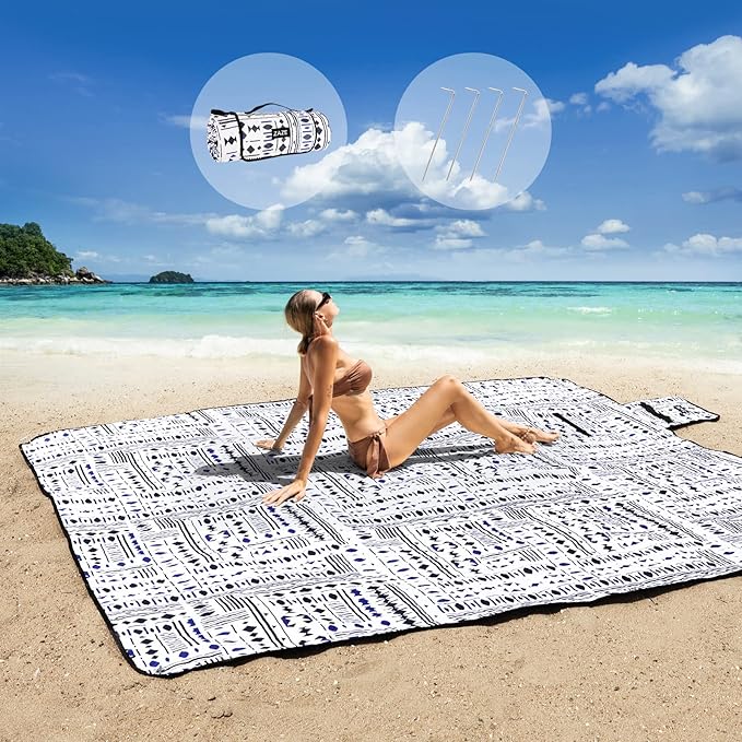 ZAZE Picnic Blankets Beach Blanket with Stakes Thick 3-Layer Waterproof Sandproof 80 * 80 Oversized Mat Foldable Extra Large Big Machine Washable Accessories for Outdoor Camping Park (Black Blue)