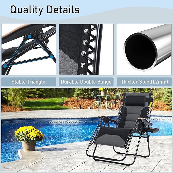 PHI VILLA XXL Oversized Padded Zero Gravity Chair Set of 2 Foldable Patio Recliner 30 Wide Seat Anti Gravity Lounger with Armrest and Cup Holder Support 400 LBS (Black)