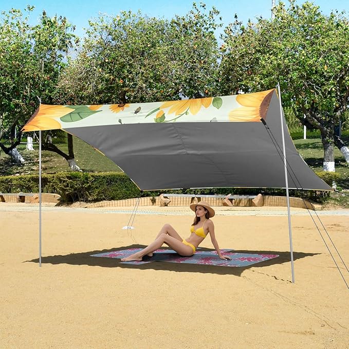 Bolaz Beach Canopy Tent Sun Shade9'×10.5' Large Family Beach Shade UPF50+- Outdoor Shade for Camping Trips FishingSunflower Bee Pattern