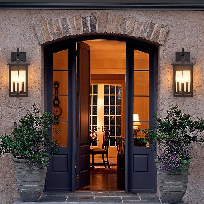 3-Light 9 inches Wide 20.5 inches High Large Wall Lantern Light with Textured Black Finish and Clear Glass New Traditional Outdoor Wall Lights for a Porch Patio Garage Barn Foyer