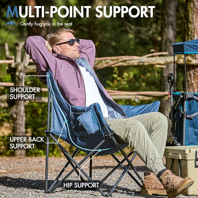 Portal Oversized Padded Camping Chair - Heavy Duty Folding Chair with Cup Holder &amp Side Pocket Supports 350 lbs for Camping Lawn Sports Blue