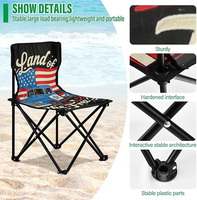 4th of July Independence Day Land of Free Blue Truck Compact Camping Chairs for Adults Lightweight Backpacking Chair Includes Carry Bag Lawn Chairs for Camp Traveling