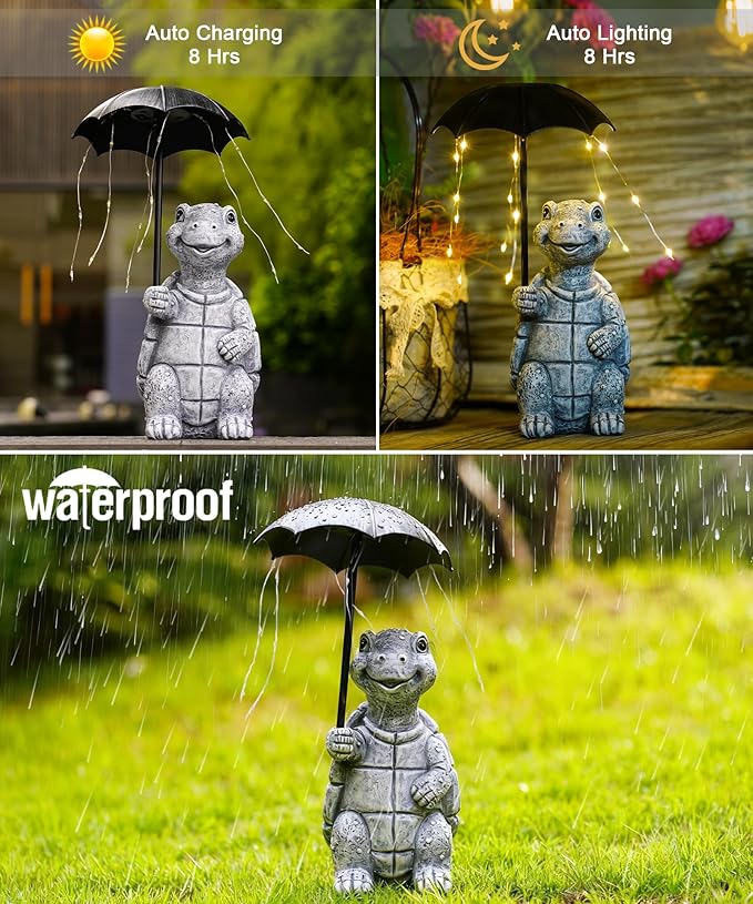 Nacome Solar Turtle Garden Decor Outdoor Statues: Holding Umbrella with String Lights Patio Yard Lawn Outside Decorations - Birthday Gifts for Mom Grandma Women Sister(Grey)