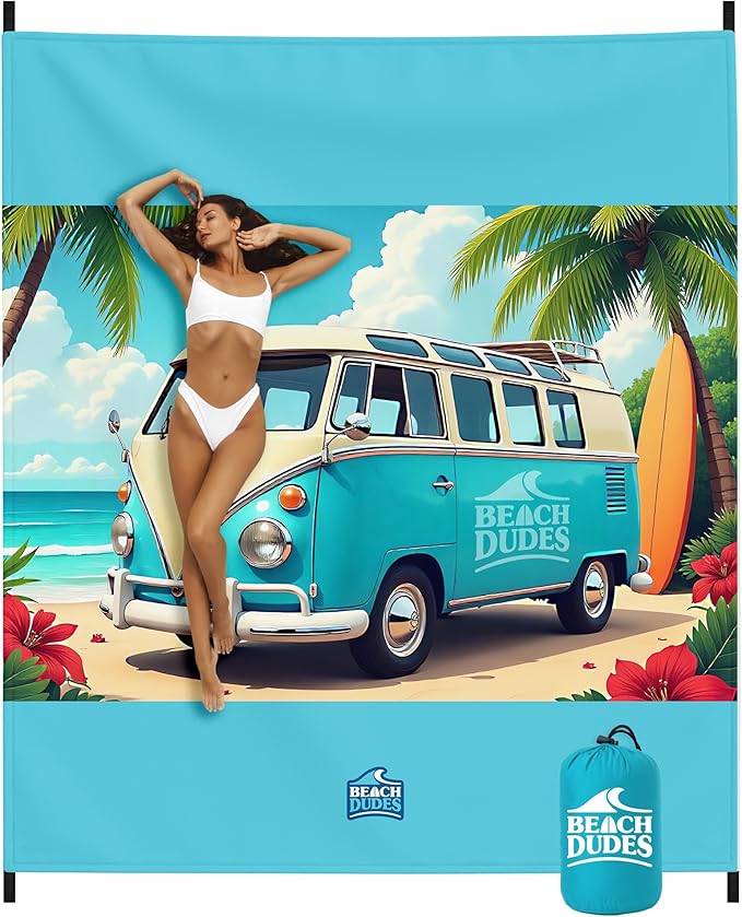 Beach Vibes Oversized Beach Blanket - 108x84 XL Sandproof Water-Resistant Picnic Mat | Lightweight Ripstop Nylon for Travel &amp Camping | Includes 4 Stakes and Carry Bag