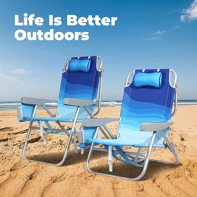 Tall Beach Chairs for Adults – 5-Position Reclining Backpack Chair with Large Insulated Cooler &amp Storage Pocket Aluminum Frame Portable for Travel &amp Outdoor Supports 300lbs Wave Blue