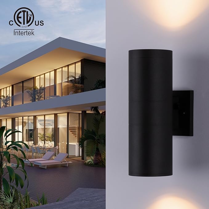 mirrea Modern Outdoor Porch Light Patio Light in 2 Lights Dusk to Dawn Photocell Sensor with Matte Black Aluminum Cylinder and Tempered Glass Cover Waterproof Wall Sconce