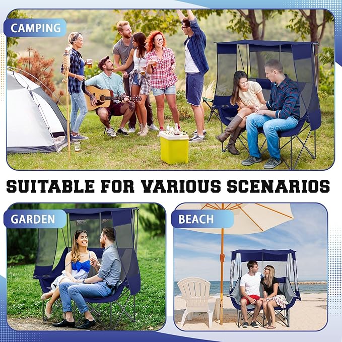 Double Camping Chair with Canopy Shade 660lbs Heavy Duty Beach Chair Portable Folding 2 Person Camping Loveseat with Cup Holder and Storage Bag for Lawn Beach Outdoor Sport(Blue and Grey)