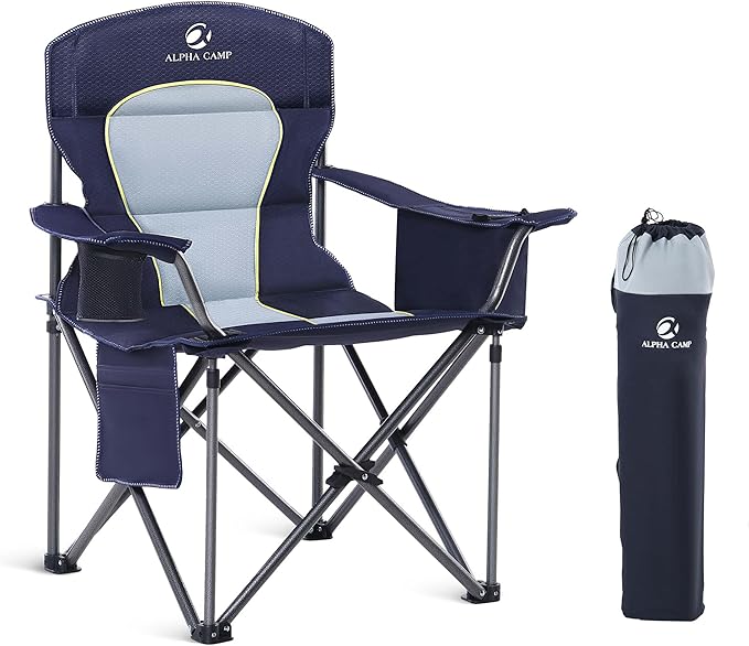 GREEN PARTY Folding Camping Chair Oversized Heavy Duty Lawn Chair with Cooler Bag Cup Holder Storage Pocket Collapsible Padded Outdoor Arm Chair Quad Lumbar