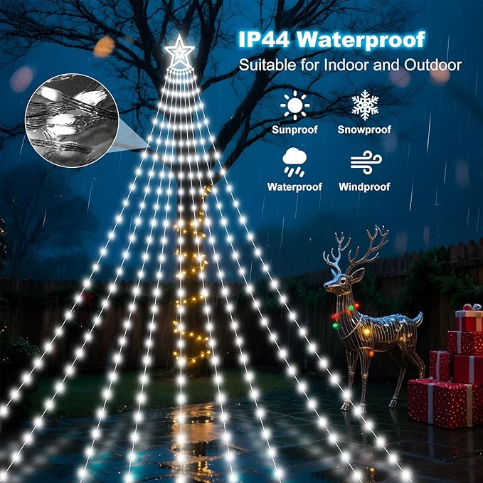 Solar Christmas Decorations Tree Lights Outdoor 18.37ft 532LED Waterfall String Lights with 8 Modes Timer Remote Xmas Lights USB Powered for Garden Yard Patio Home Holiday Party Decor Pure White