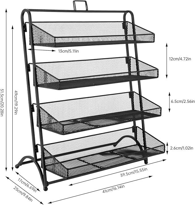 4 Tier Snack Organizer Candy Display Rack for Countertop Snack Display for Counter Portable Chip Rack Metal Snack Shelf for Retail Stores Kitchen Office (Black)