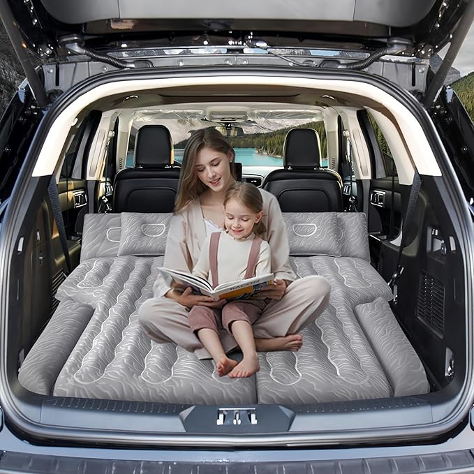 Inflatable SUV Air Mattress: Double-Sided Flocking Car Mattresses for Back SUV Travel Camping Sleeping Bed with Air Pump 2 Pillows