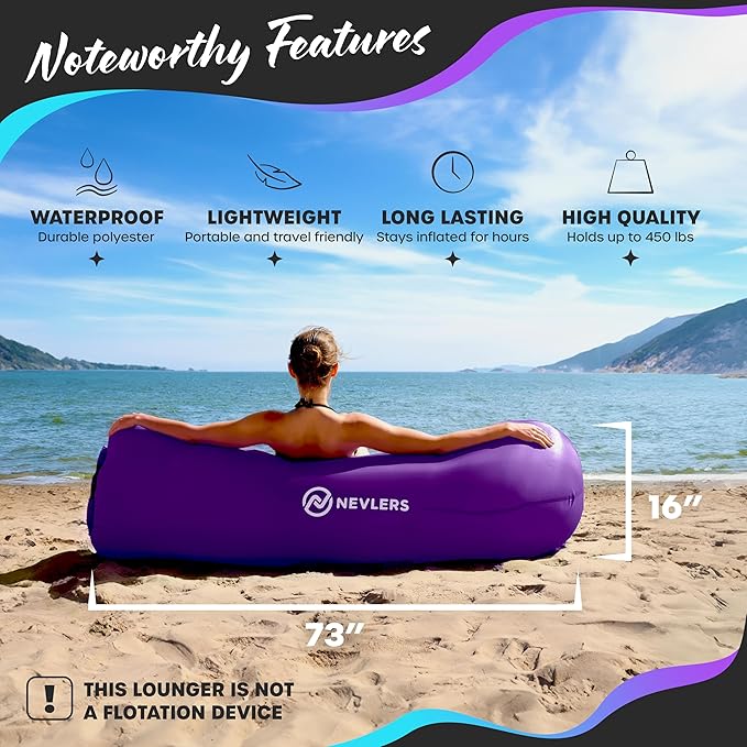 Nevlers Purple Inflatable Lounger | 210T Polyester Air Sofa | No-Pump Blow Up Couch | Compact Lounger Inflatable Couch w/ 450lbs. Cap. Pockets &amp Matching Bag | Use as Camp Chairs for Adults &amp